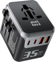 "Minthouz" kelioninis adapteris visame pasaulyje, GaN III PD 70 W universalus kelioninis kištukas su 4 USB C ir 1 USB A, tarptautinis kištukinis lizdas su ištraukiamu kabeliu, universalus adapteris Jungtinei Karalystei, JAV, Japonijai, Kinijai (P35W)