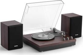"Retrospiler" patefonas su išoriniais stereofoniniais garsiakalbiais, senovinių plokštelių grotuvas, "Bluetooth" HiFi patefonas su išoriniais lentynos garsiakalbiais