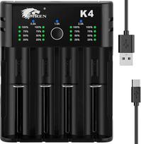 IMREN 18650 įkroviklis, universalus baterijų įkroviklis su 4 lizdais, 2A greitas USB-C baterijų įkroviklis, skirtas 3,7 V ličio jonų baterijai 18350 14500 14650 17500 18700 20700 21700 22650 26650 1,2 V NI-MH/NI-Cd AA