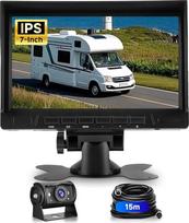 VECHTEL 1080P HD galinio vaizdo kameros kabelis su 7 colių IPS monitoriaus monitoriumi, 1024*600, IP69 AHD galinio vaizdo kamera, skirta visureigiams, sunkvežimiams, furgonams ir sunkvežimiams su skydeliu nuo saulės, 15 m kabelis, 12-24 V