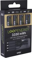 VERICO LoopEnergy Pro AA 3330 įkraunama USB-C baterija AA 1,5 V 3330 mWh (2220 mAh) ličio jonų baterija, greitai įkraunama per USB-C jungtį per maždaug 2 valandas, 4 AA baterijų pakuotė, 1 kabelis USB -A - 4 x USB-C