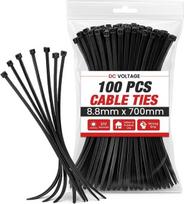 DC VOLTAGE kabelių kaklaraiščiai 700mm x 8.8mm 100 Pack 70cm Heavy Duty 28 "Stiprūs vielos kaklaraiščiai Plastikiniai kaklaraiščiai sodininkystei Kabelių valdymas Dideli kabelių kaklaraiščiai Juoda