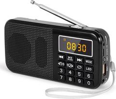 PRUNUS J-725 FM radijo imtuvas, skaitmeninis radijas su 3000 mAh įkraunama baterija, nešiojamas radijo žadintuvas, USB/SD/TF/AUX grotuvas, baterinis radijas su avarine šviesa (juodas)