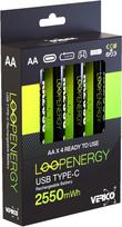 VERICO LoopEnergy AA 2550 įkraunama USB-C baterija AA 1,5 V 2550 mWh (1700 mAh) ličio jonų baterija, greitai įkraunama per USB-C jungtį per maždaug 2 valandas, 4 x AA, spalva: Žalia