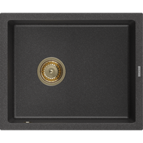 Mexen Pedro granitinis vienos kameros virtuvinis kriauklė 560 x 460 mm, juodas dėmėtas, sifonas auksinis - 6508561000-76-G