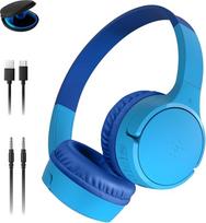 "Belkin SoundForm Mini" belaidės vaikiškos ausinės su integruotu mikrofonu ir linksmais lipdukais, 30 valandų atkūrimo - ausinės per ausis mokymuisi, šventėms, "iPhone", "iPad", "Galaxy" - mėlynos spalvos