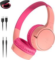 "Belkin SoundForm Mini" belaidės vaikiškos ausinės su integruotu mikrofonu ir linksmais lipdukais, 30 valandų atkūrimo - ausinės per ausis mokymuisi, šventėms, "iPhone", "iPad", "Galaxy" - rožinės spalvos