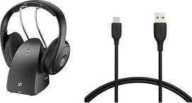 "Sennheiser RS 120-W" belaidės ausinės ant ausų su krištolo skaidrumo televizoriaus garsu ir "Amazon Basics" greitojo įkrovimo laidu, USB-C į USB-A-2.0, 480Mbps