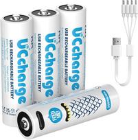"UCcharge" AA USB-C įkraunamos ličio jonų baterijos, 4 vnt., 3000 mWh (2000 mAh), 1,5 V, didelės talpos, C tipo įkrovimo funkcijos baterijos, saugios ir patikimos