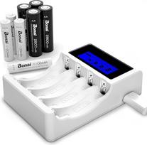 BONAI akumuliatorių įkroviklis 4 lizdų LCD išmanusis AA/AAA NI-MH NI-CD įkraunamų baterijų įkroviklis su 4 vnt. NI-MH 2800 mAh AA ir 1100 mAh AAA baterijų