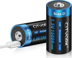 CITYORK įkraunamos D elementų baterijos, 1,5 V 15000 mWh USB ličio jonų D baterijos įkraunamos su C tipo kabeliu - 2 vnt.