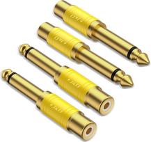 J&D RCA kabelio ir 1/4 garso adapterio 4 vnt. 6,35 mm monofoninis vyriškas ir RCA moteriškas paauksuotas gitaros kištukas, geltonos spalvos