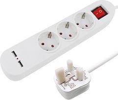 Jungtinės Karalystės euro kelionių adapterio adapteris 1,5 m ilgio prailginimo laidas 3 krypčių "Schuko" lizdai ir 2 USB su G tipo JK kištuku