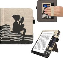 kwmobile Flip Cover Compatible with Kobo Kobo Libra Colour / Tolino Vision Colour - Case with Wrist Strap Reading Woman Black Beige