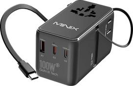 MINIX universalus 100 W kelioninis adapteris su ištraukiamu USB-C kabeliu, PD 3.0 GaN III, USB-C prievadai x 3 USBA x 1, kintamosios srovės prievadas, pasaulinis kelioninis įkroviklis nešiojamiesiems kompiuteriams, planšetiniams kompiuteriams, telefonams