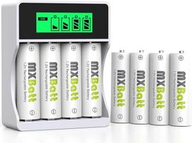 MXBatt AA įkraunama baterija, 1,2 V, 3200 mAh, 8 AA baterijų pakuotė su įkrovikliu, daugialypė apsauga, 4 įkrovimo vietos, LCD ekranas