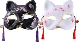 PRETYZOOM 2 x Helovino gyvūnų Cosplay Kabuki katės kaukės Japonijos lapės kaukė Maskarado kaukė šokio spektakliui Makiažas rekvizitas Kamuolys Šalis Lengvatos (juoda balta)