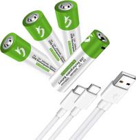 USB AA ličio jonų įkraunamos baterijos, 1,5 V 2600 mWh įkraunamos AA baterijos, 1H greitasis įkrovimas, 1200 ciklų su C tipo įkrovimo kabeliu, apsauga nuo perkrovos, pastovus išėjimas, 4 vnt.