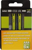 VERICO LoopEnergy AAA 900 įkraunama USB-C baterija AAA 1,5 V 900 mWh (600 mAh) Li-Ion, 6 vnt., greitas įkrovimas per USB-C jungtį per maždaug 2 val., 3 x 2 AAA, 3 kabeliai USB - A į 2 x