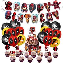 32 vnt. Deadpool tematikos vakarėlio reikmenys: plakatai, balionai, keksiukų papuošimai red