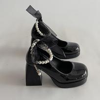 Pearl chain bow Mary Jane high heels children spring and autumn 2025 new sweet thick heel small leather shoes 35 juoda