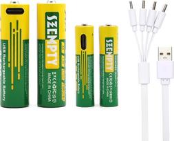 SZEMPTY 2 AA + 2 AAA ličio įkraunamos baterijos, 1,5 V USB didelės talpos AA 3400 mWh ir AAA 900 mWh baterijos, skirtos nuotolinio valdymo pulteliams, žaislams, klaviatūroms ir kt. Pridedamas 4 in 1 C tipo įkrovimo kabelis