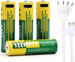 SZEMPTY 3400 mWh AA įkraunamos baterijos, 4 pakuotės, 2250 mAh 1,5 V USB-C ličio AA įkraunama baterija, su 4-in-1 C tipo įkrovimo kabeliu, daugiau kaip 1200 ciklų.