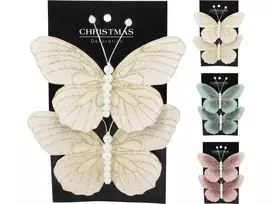 Įsegama kalėdinė dekoracija BUTTERFLY, 3 spalvos, 10 cm, 2 vnt