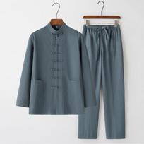 Vyriškas kinų stiliaus ilgomis rankovėmis Tang kostiumas su varliukų sagomis - Retro arbatos ir Tai Chi dviejų dalių kostiumas 4XL for 190-205 lbs