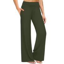 Women's High-waisted Solid-color Drawstring Wide-leg Casual Pants L armijos žalia spalva