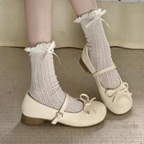 Mary Jane shoes summer new white round head light mouth thick heel with skirt bow cute single shoes 35 smėlis