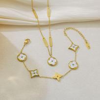2 vnt. Titano Plieno Keturlapis Dobilas Apyrankės Karoliai Rinkinys Dovana 18k Auksas Madingas Elegantiškas Temperamentas Paprastas ir Aukštos Klasės Rankinis Elementas necklace+bracelet beige