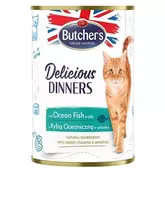 Butcher's Delicious Dinners konservai katėms su žuvimi drebučiuose, 400 g