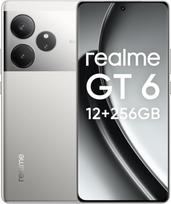"realme GT6" išmanusis telefonas, 5G mobilusis telefonas 12+256GB, "Snapdragon 8s Gen 3", itin ryškus 6000 nitų ekranas, 50MP+50MP+8MP kamera, telefonas, baterija 5500 mAh, be adapterio, skystai sidabrinės spalvos