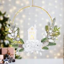 Dremisland LED Decoring iš anksto apšviestas Kalėdų vainikas su apšviestu namu 40 cm Kalėdų dekoracijos Žiemos vainikas priekinėms durims Splitter Rose durų gervė su kamuoliu Pušies adatos Židinio palto dekoras
