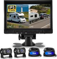 VECHTEL 1080P HD 2 x galinio vaizdo kameros kabelis su 7 colių IPS monitoriumi, 2 padalyti ekranai/parkavimo pagalba, IP69 AHD galinio vaizdo kamera, skirta visureigiams, sunkvežimiams, nameliams ant ratų su apsauga nuo saulės, 2 x 15 m kabelis, 12