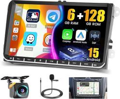 Hikity 8 Core/6+128G Android 15 automobilinis radijas VW Golf 5 6 Tiguan Caddy Polo Touran su belaidžiu CarPlay Android automobilinis 9 colių jutiklinis ekranas GPS 59UI DSP SWC FM/RDS WiFi + 52PIN adapteris + atbulinės eigos kamera