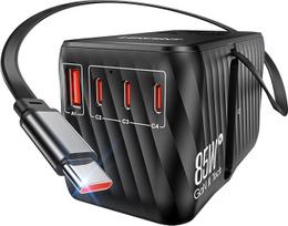 LENCENT tarptautinis kelionių adapteris, 85W GaN3 universalus kištukinis adapteris su 3 C tipo ir 1 greitojo įkrovimo USB A jungtimi, pasaulinis įkroviklis, "viskas viename" kelionių kištuke ES/USA/UK/AU, juodas