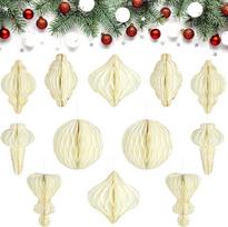 Pakuotė 12 kalėdinių popierinių medaus korio kamuoliukų Party Pom Poms Glitter Design Specialiai suformuotas dekoratyvinis popierinis žibinto ornamentas Kalėdų eglutei Kalėdų vakarėlis Namų šventės dekoracijos, balta