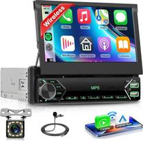 VECHTEL Automobilinis radijas 1 DIN Carplay Android automobilinis belaidis su 7 colių rankiniu ištraukiamu ekranu, FM radijas su "Bluetooth", GPS, "Mirror Link", 2 USB/Type-C/TF, automobilinis radijas su atbulinės eigos kamera / vairu