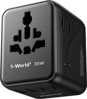 "MOMAX" kelioninis adapteris 35 W GaN, kelioninis kištukinis adapteris visame pasaulyje su 3USB-C 2USB-A, tarptautinis kištukinis lizdas, vienu metu įkraunantis 6 įrenginius, skirtas Vokietijai, JAV, Jungtinei Karalystei, Tailandui, juodos spalvos