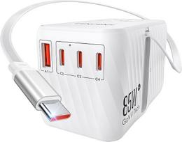 LENCENT tarptautinis kelionių adapteris, 85W GaN3 universalus kištukinis adapteris su 3 C tipo ir 1 greitojo įkrovimo USB A jungtimi, pasaulinis įkroviklis, "viskas viename" kelionių kištuke ES/USA/UK/AU, baltos spalvos