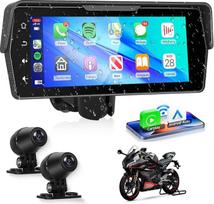 Motociklo prietaisų skydelio kamera priekyje ir gale 6,8 colio IPS 1280 x 480P jutiklinis ekranas 1080P motociklo kamera DVR Belaidis "Carplay" ir "Android" automobilinis GPS IP67 atsparus vandeniui 120° platus "Bluetooth 5.0 TF PhoneLink