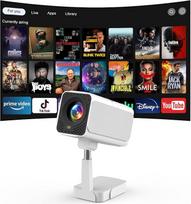 "Android TV" operacinė sistema ir teleskopinis stovas: Puxinat išmanusis projektorius su "WiFi 6" ir "Bluetooth 5.2", 300ANSI elektrinis fokusavimas / automatinis keystone 1080P mini projektorius su 180° reguliuojamu stovu, vienu paspaudimu galima naudoti