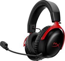 "HyperX Cloud III S" - belaidės žaidimų ausinės, daugiaplatformės, 2,4 GHz, "Bluetooth", baterija veikia iki 120 valandų, 2,4 GHz, 53 mm pakreipiamas draiveris, 10 mm nuimamas mikrofonas - juodos/raudonos spalvos
