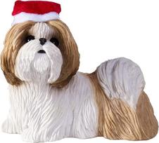 Sandicast Aukso ir baltos spalvos Shih Tzu su Kalėdų Senelio kepure Kalėdų papuošalas