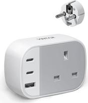 VINTAR Jungtinės Karalystės ir Europos kištuko adapteris, įžemintas Europos kelionių adapteris su 2 USB-C ir 1 USB-A prievadais, Jungtinės Karalystės ir ES kelionių kištukas Vokietijai, Prancūzijai, Ispanijai, Graikijai
