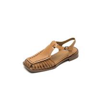 Madingi moteriški nauji vasariniai kvadratinės nosies natūralios odos karvės odos žemo kulno retro elastinga sagtimi patogūs kvėpuojantys romėniški sandalai su gobtuvu 220 juoda