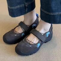 Fashion Trendy Best - Selling Gray Chunky Mary Jane Sneakers, Velcro Strap & Lace - Up, Color - Block, Ideal for Outdoor Casual 35 tamsiai pilka spalva