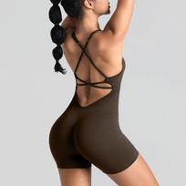 Seamless One-Piece Yoga Suit with Elegant Back and Peach Hip Design Medium tamsiai mėlyna